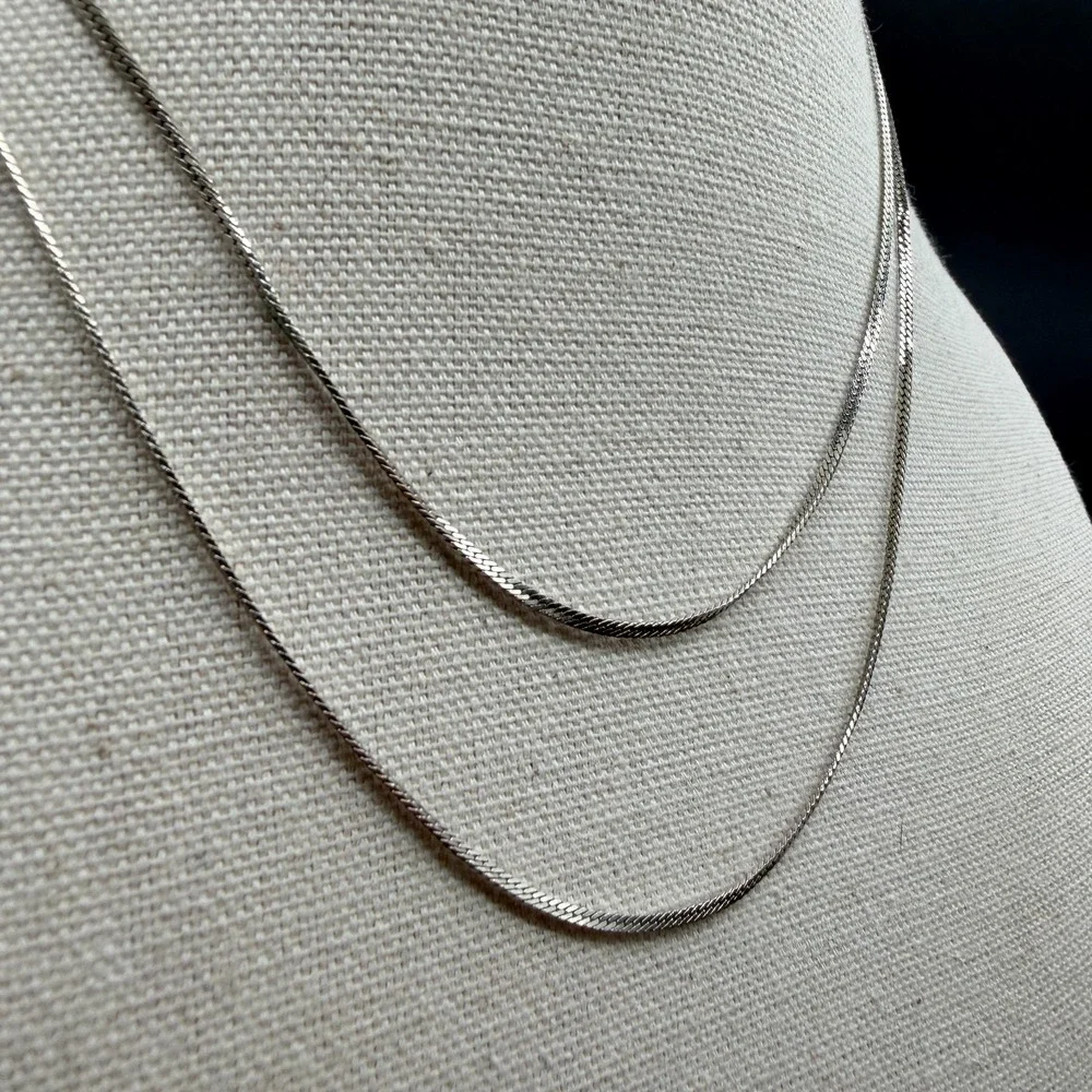 Silver Tone Double Strand Herringbone Chain Necklace Layered Minimalist Jewelry